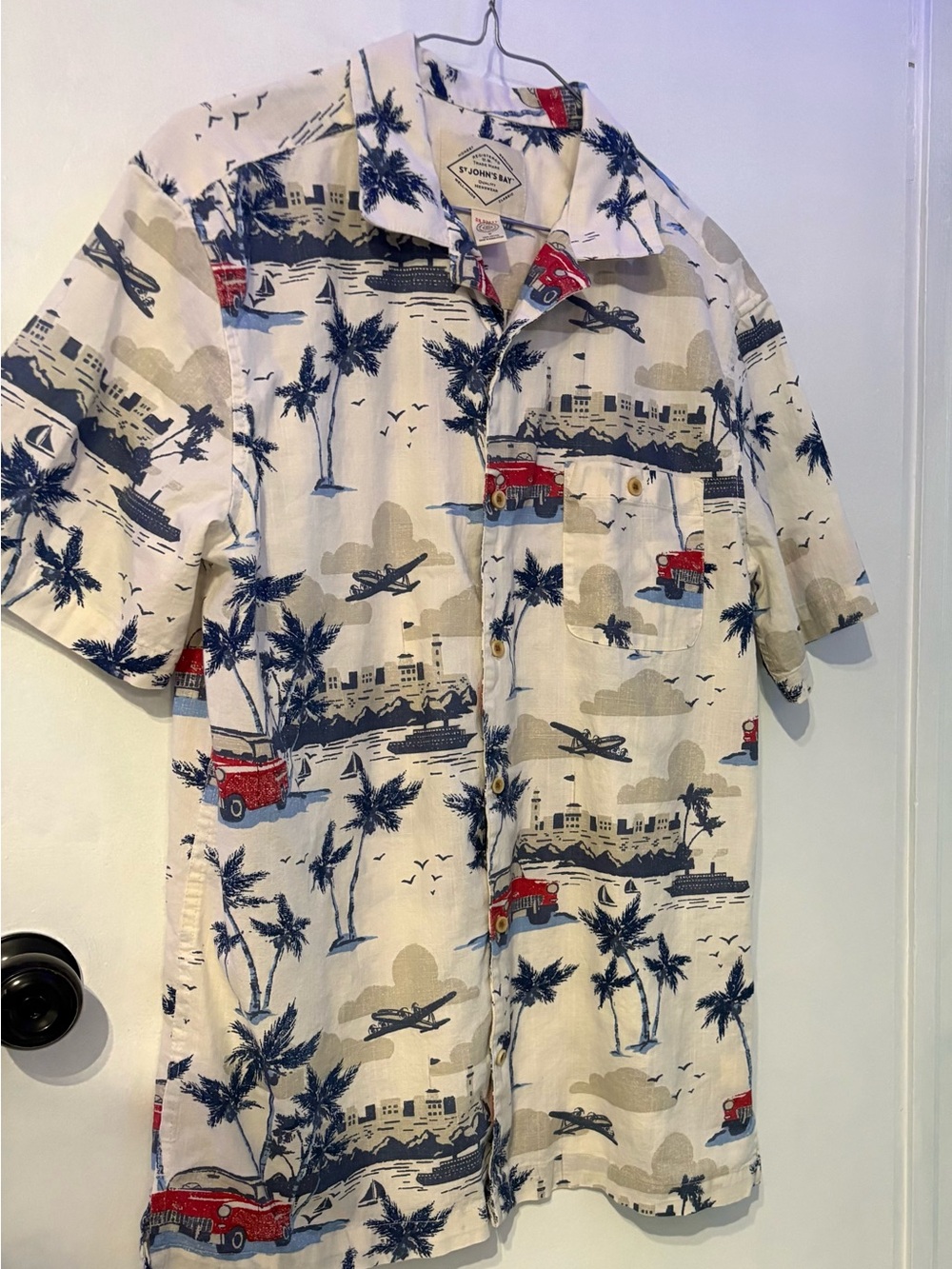 St. John's Bay Men’s Cotton Printed Tropical Shirt — White with Blue & Red
